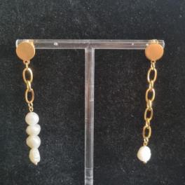 RVS oorbellen lang met zoetwaterparels - goud